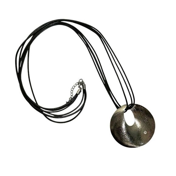 Round silver tone pendant necklace on long black cord - Picture 1 of 10